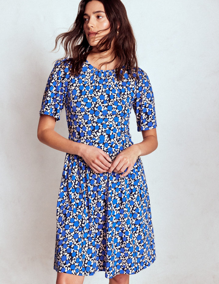Louisa Short Jersey Dress-Kingfisher Blue, Floweret Vine