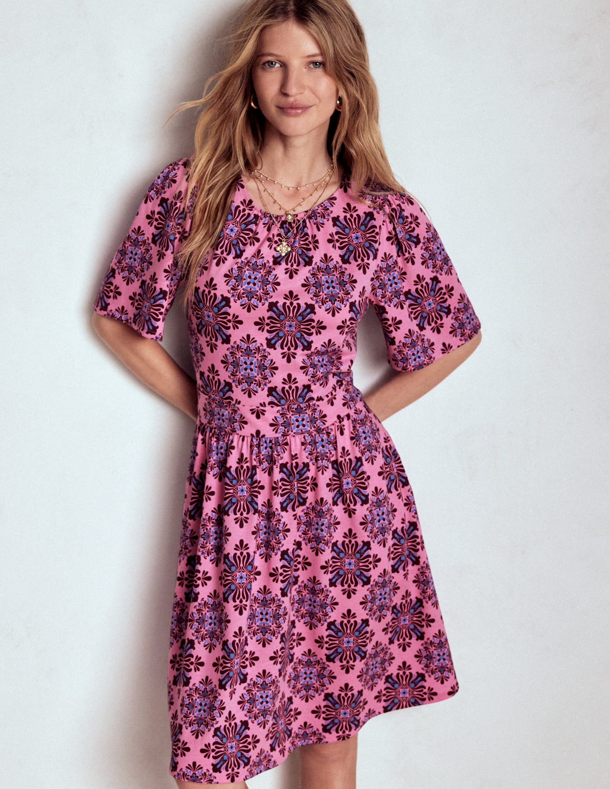 Louisa Short Jersey Dress-Pink Lemonade, Bloom Mosaic-2