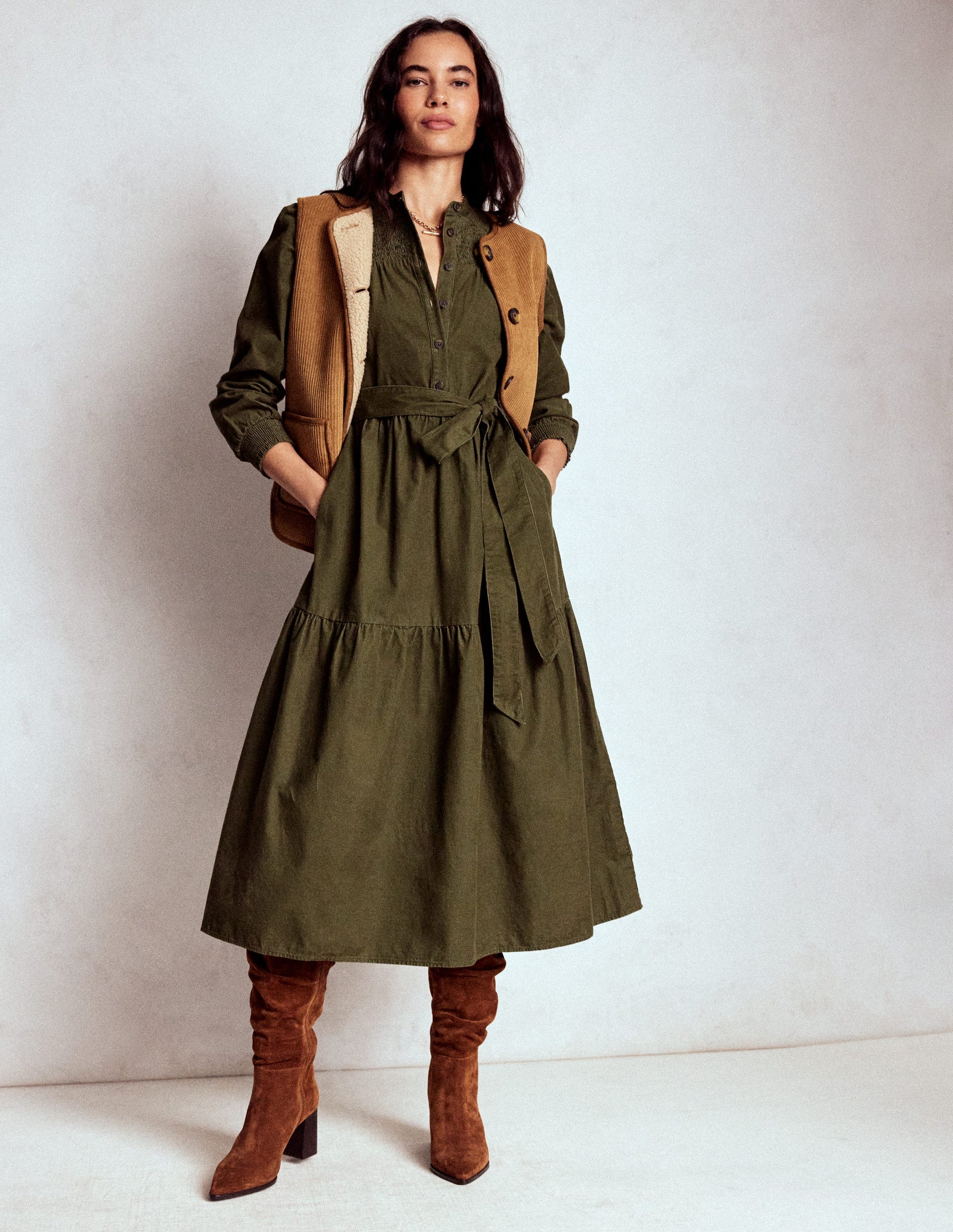 Cecily Cord Midi Dress-Woodland Green-1