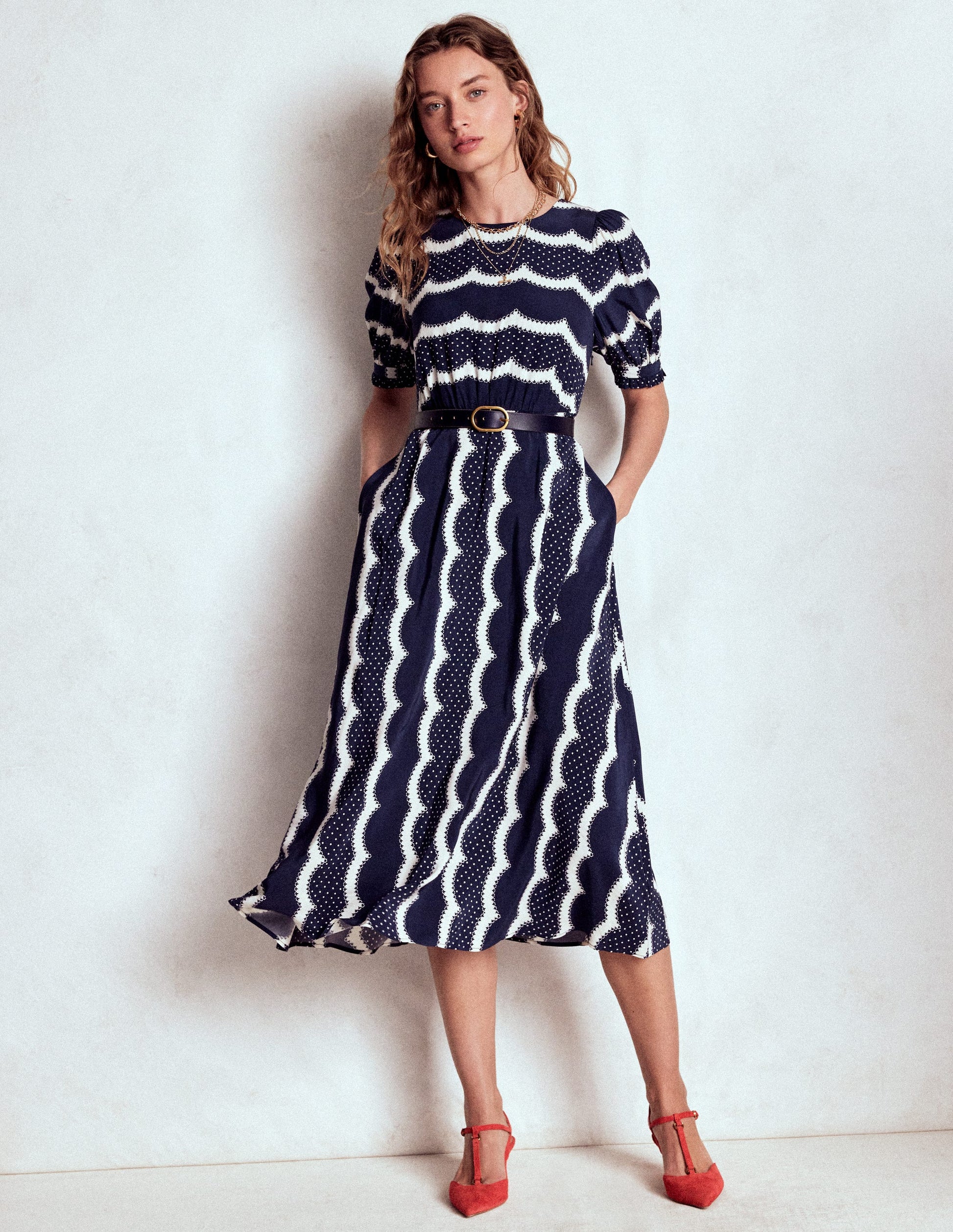 Blanca Midi Tea Dress-French Navy, Dainty Scallop-5