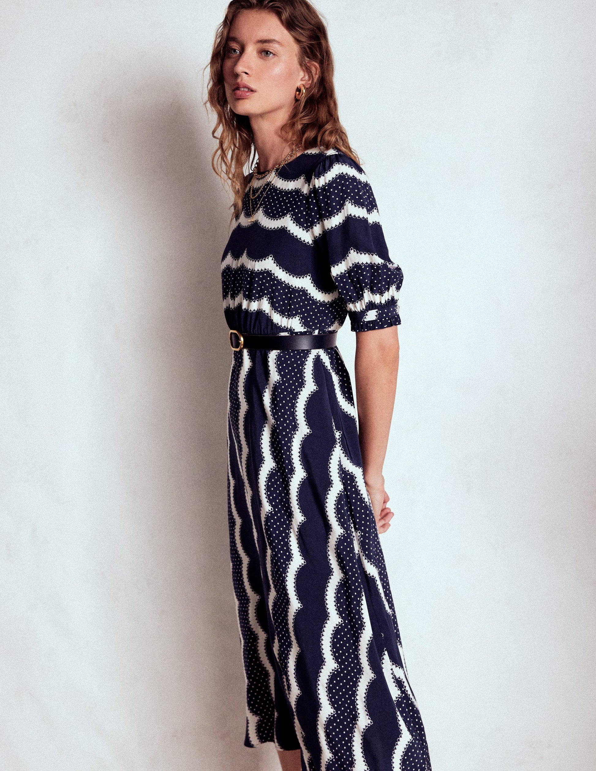Blanca Midi Tea Dress-French Navy, Dainty Scallop-7
