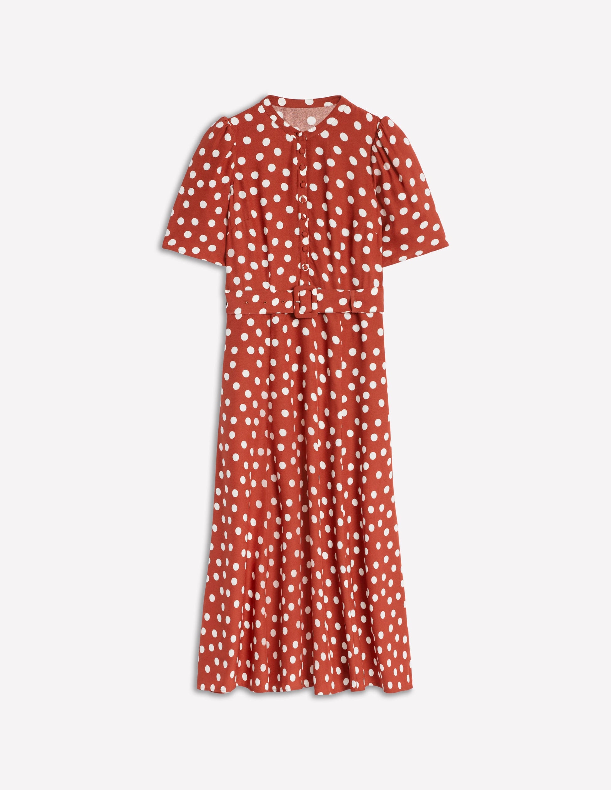 Kate Puff Sleeve Belted Dress-Roasted Chestnut, Painted Dot-5