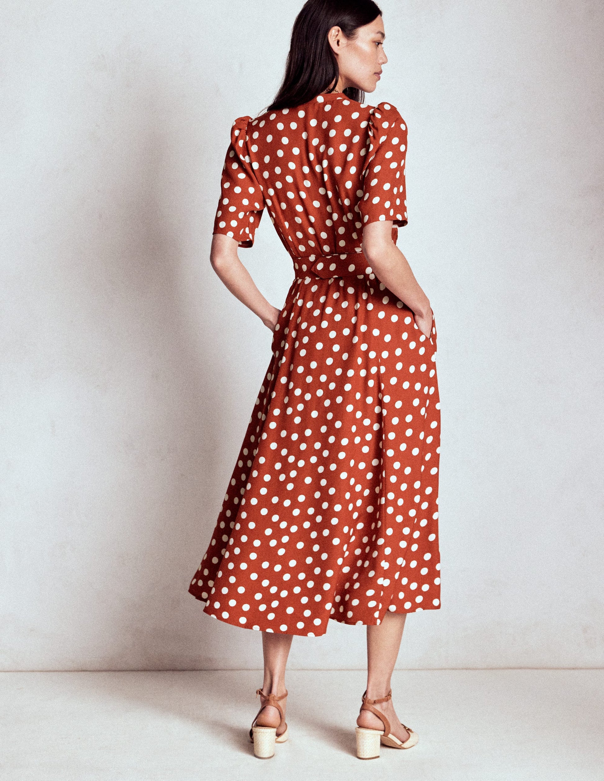 Kate Puff Sleeve Belted Dress-Roasted Chestnut, Painted Dot-3