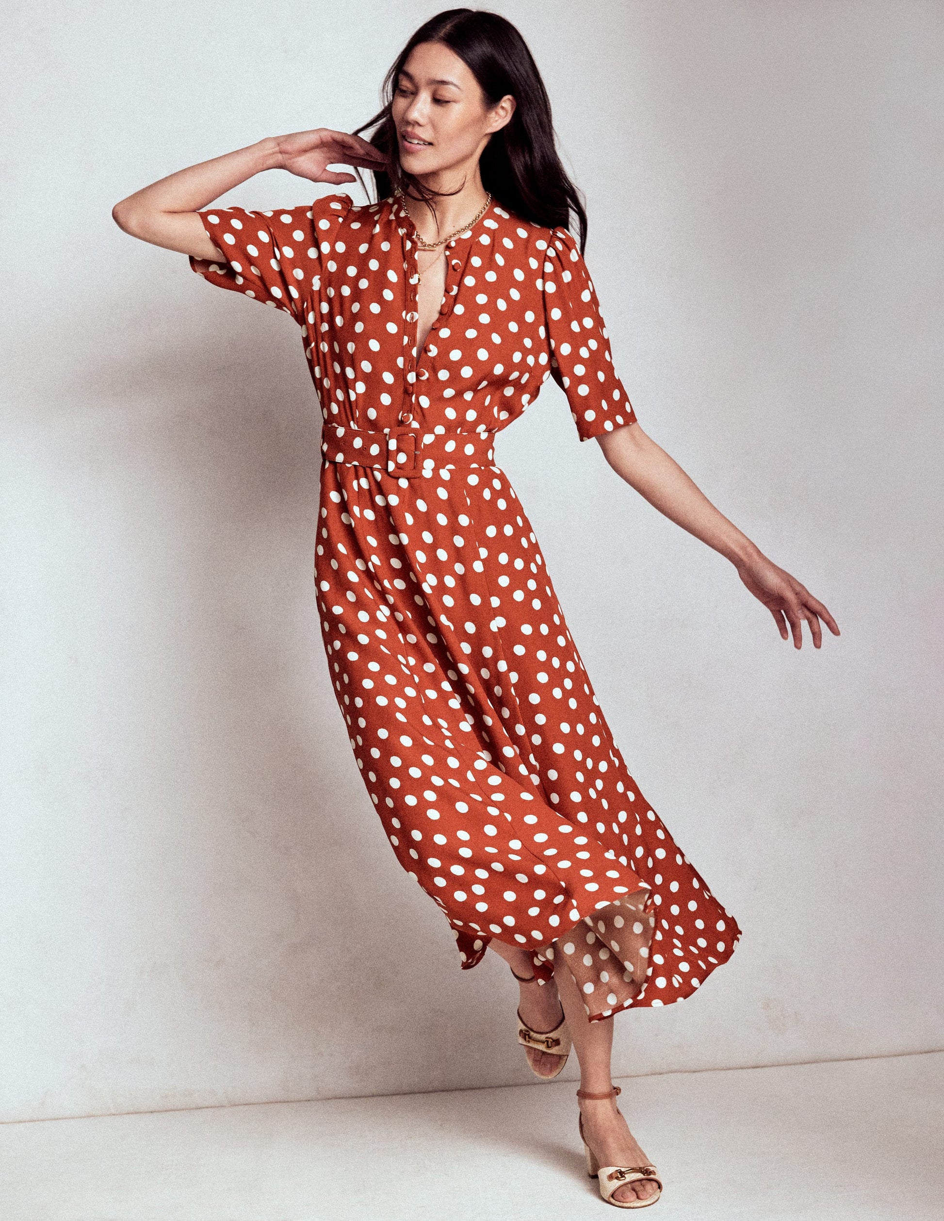 Kate Puff Sleeve Belted Dress-Roasted Chestnut, Painted Dot-4