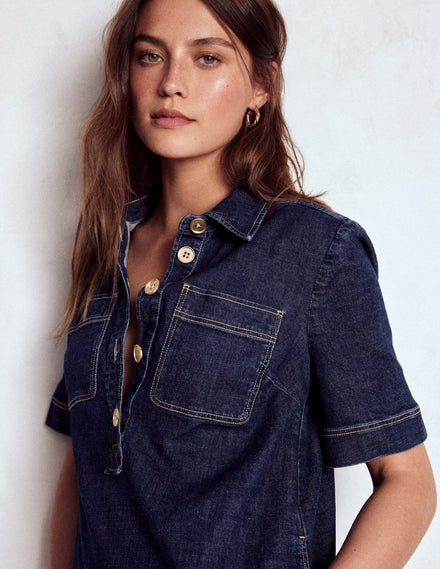 Zia Denim Pocket Shift Dress-Dark Indigo