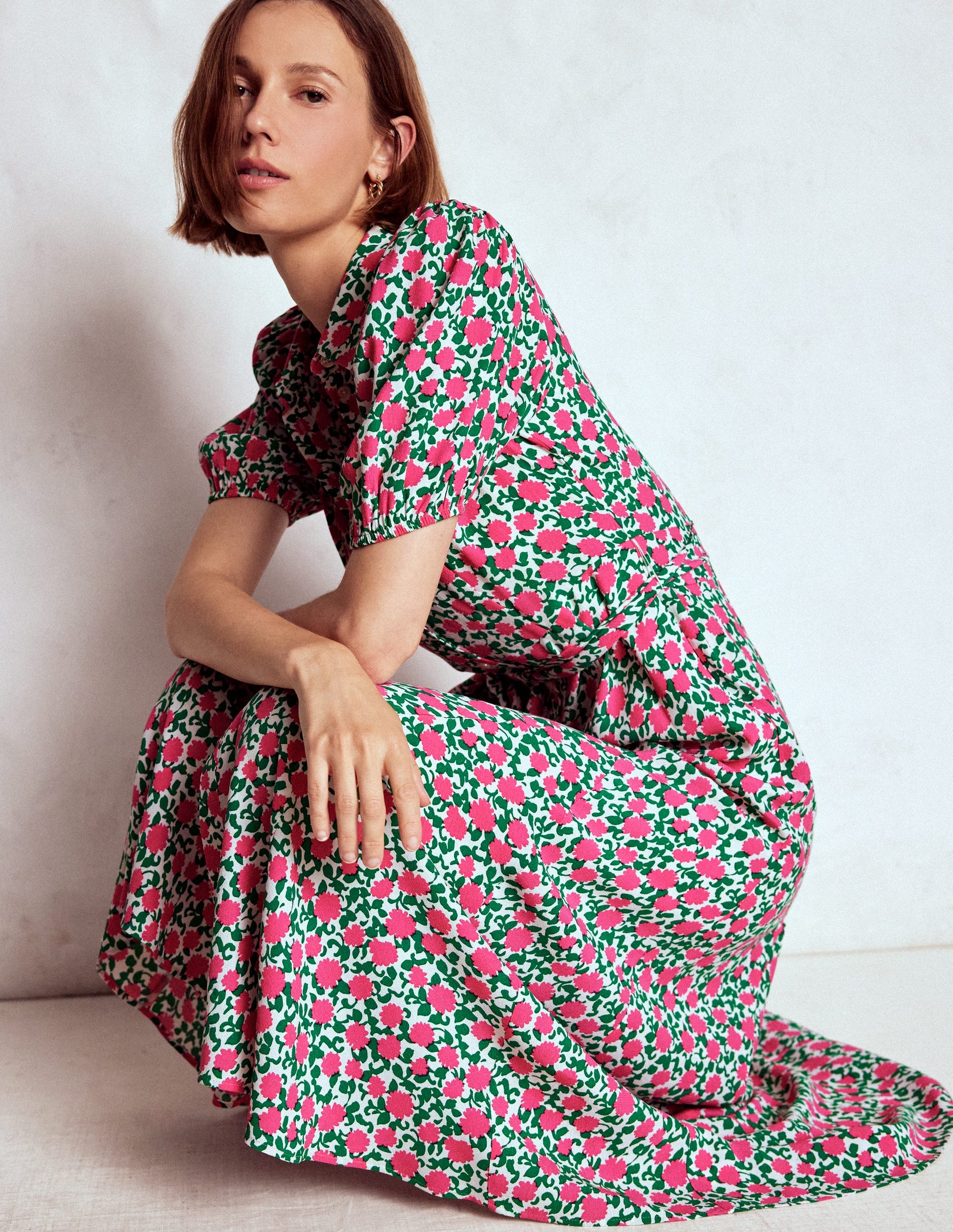 Alegra Midi Shirt Dress-Pink Ribbon, Floweret Vine-2