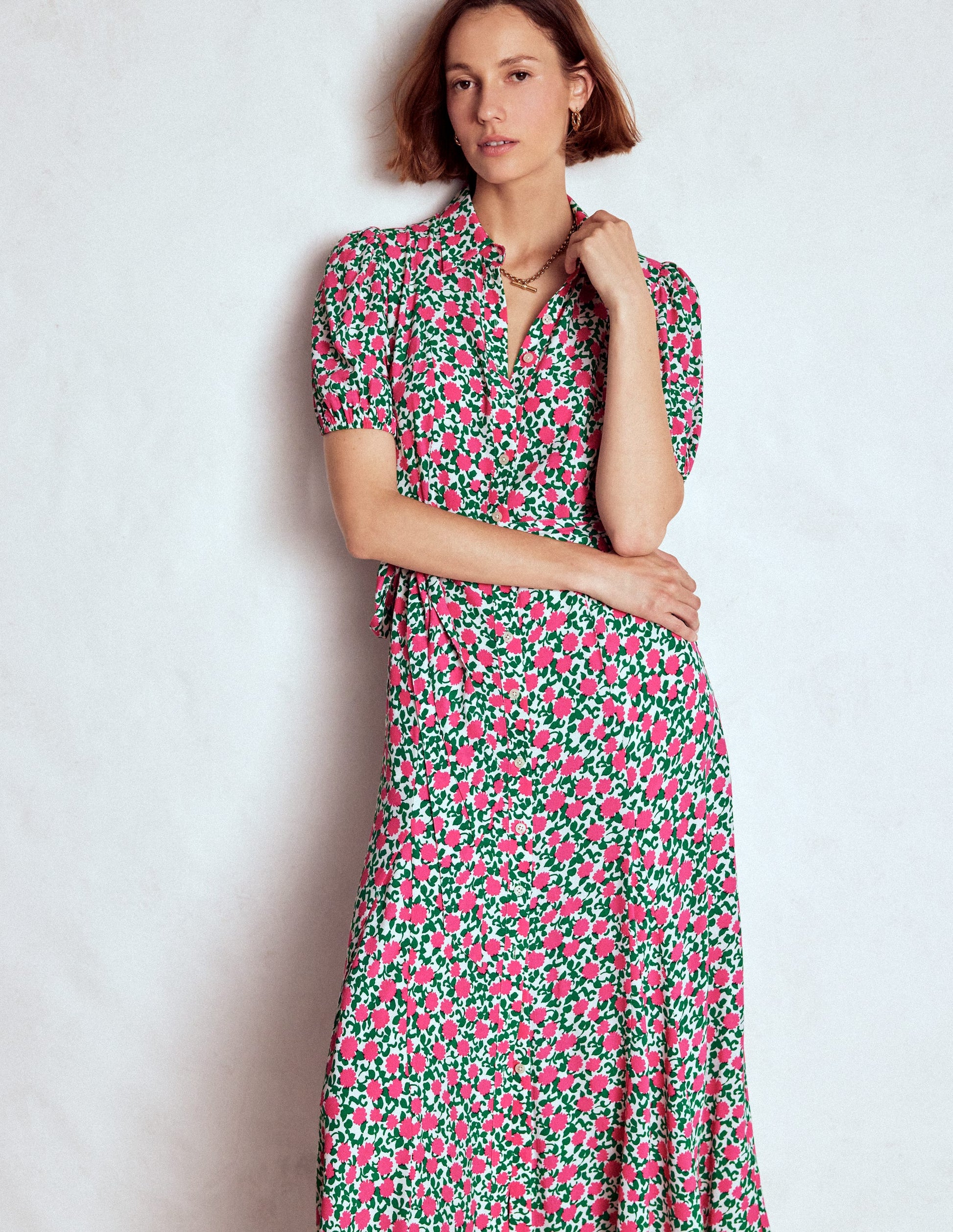 Alegra Midi Shirt Dress-Pink Ribbon, Floweret Vine-5