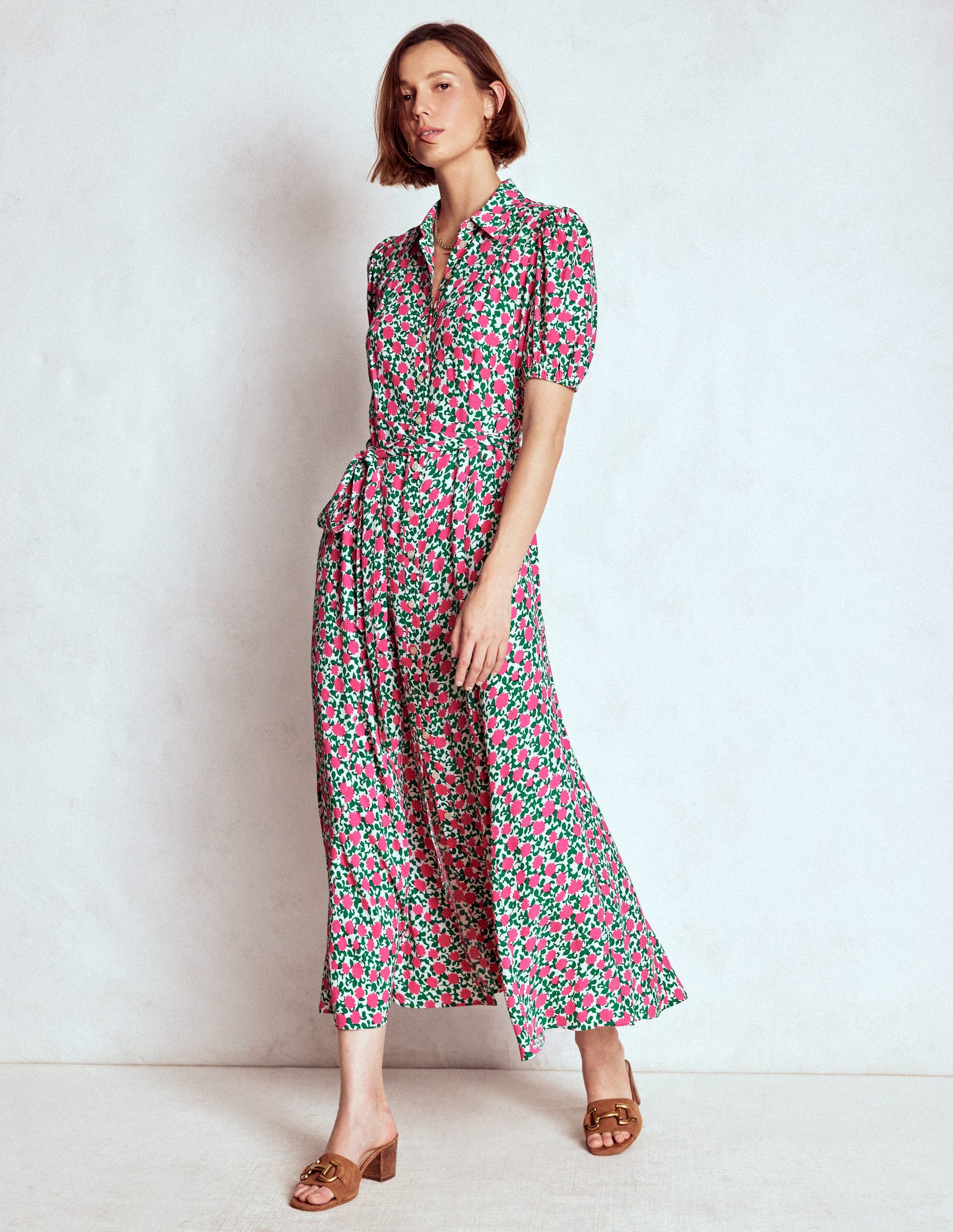 Alegra Midi Shirt Dress-Pink Ribbon, Floweret Vine-1
