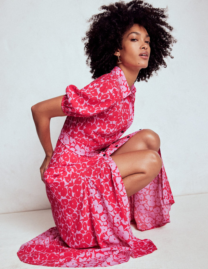 Alegra Midi Shirt Dress-Jewel Red, Leafy Grove