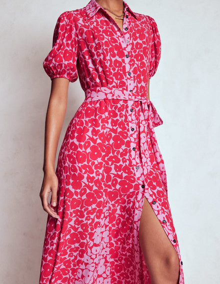 Alegra Midi Shirt Dress-Jewel Red, Leafy Grove
