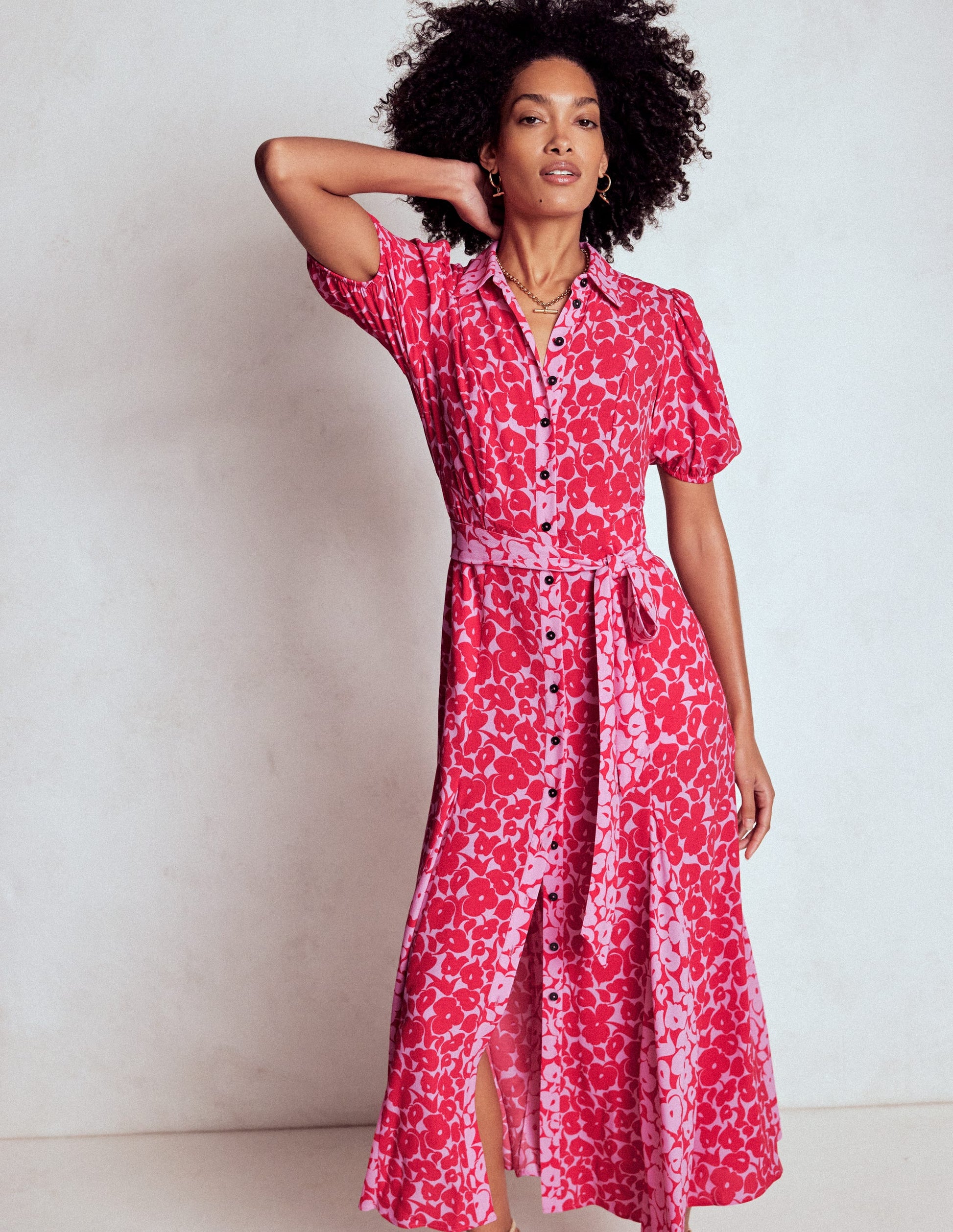 Alegra Midi Shirt Dress-Jewel Red, Leafy Grove-3