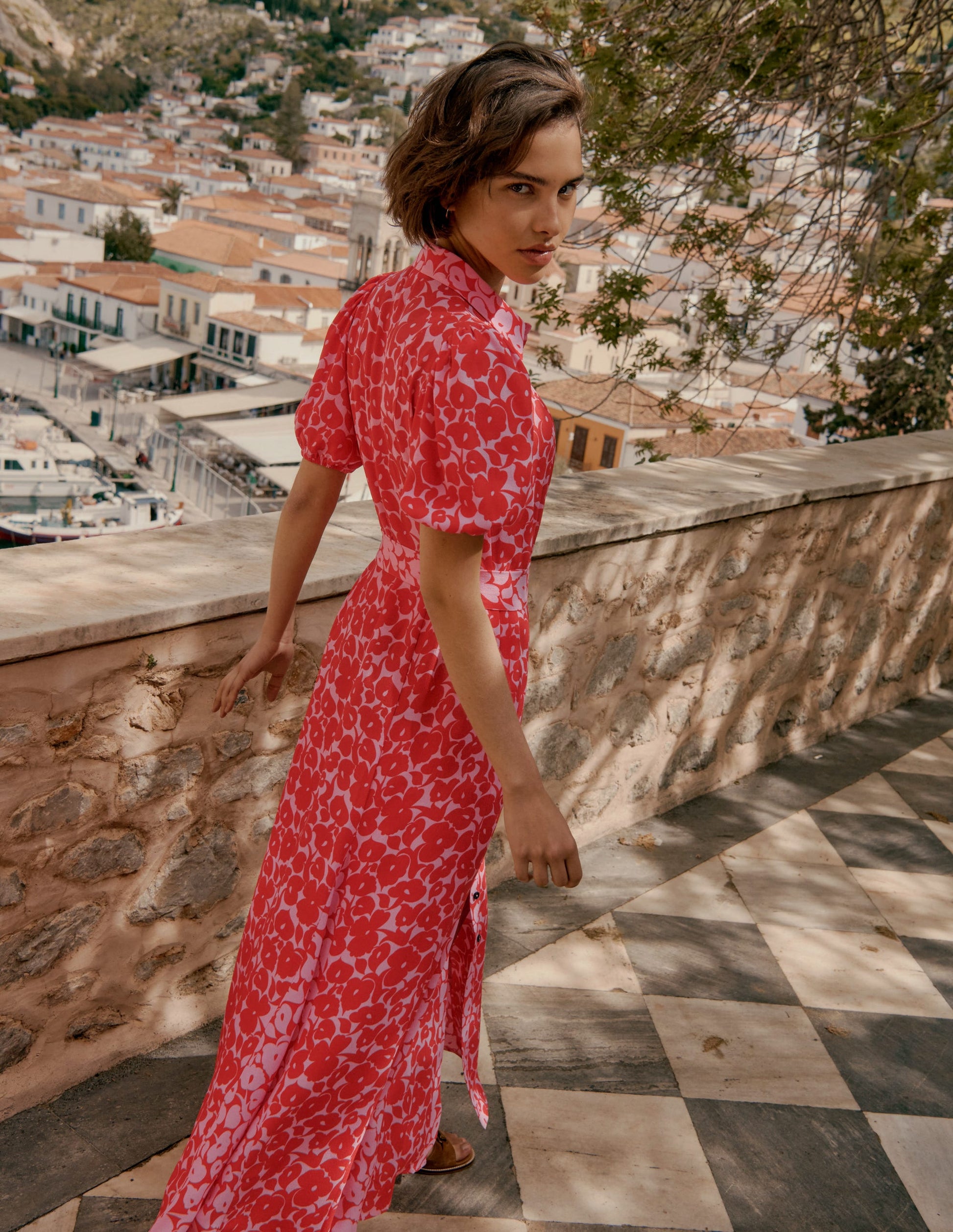 Alegra Midi Shirt Dress-Jewel Red, Leafy Grove-5