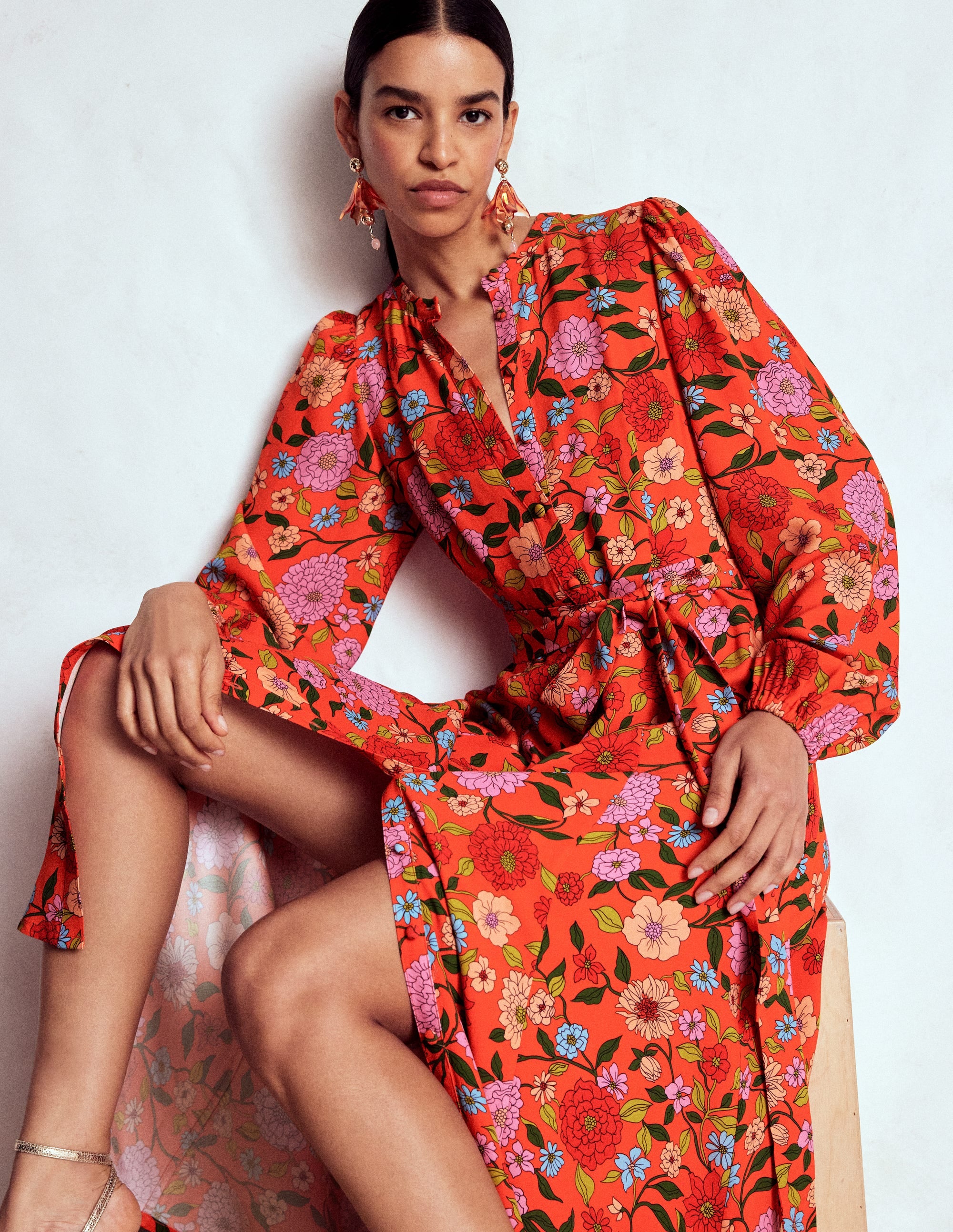 Mae Occasion Maxi Shirt Dress-Firecracker Red, Dahlia Trail - Image 1