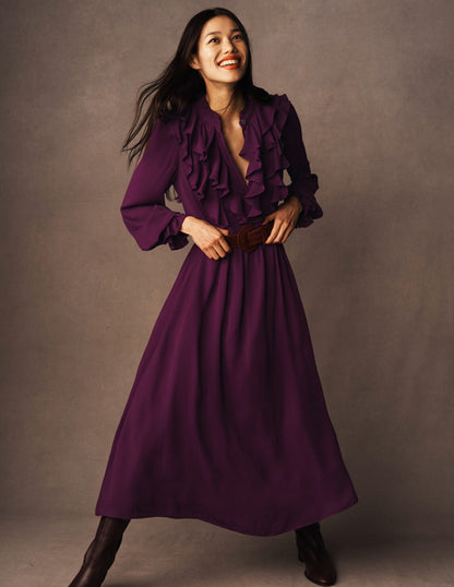 Ruffle Front Shirt Dress-Dark Cherry-6