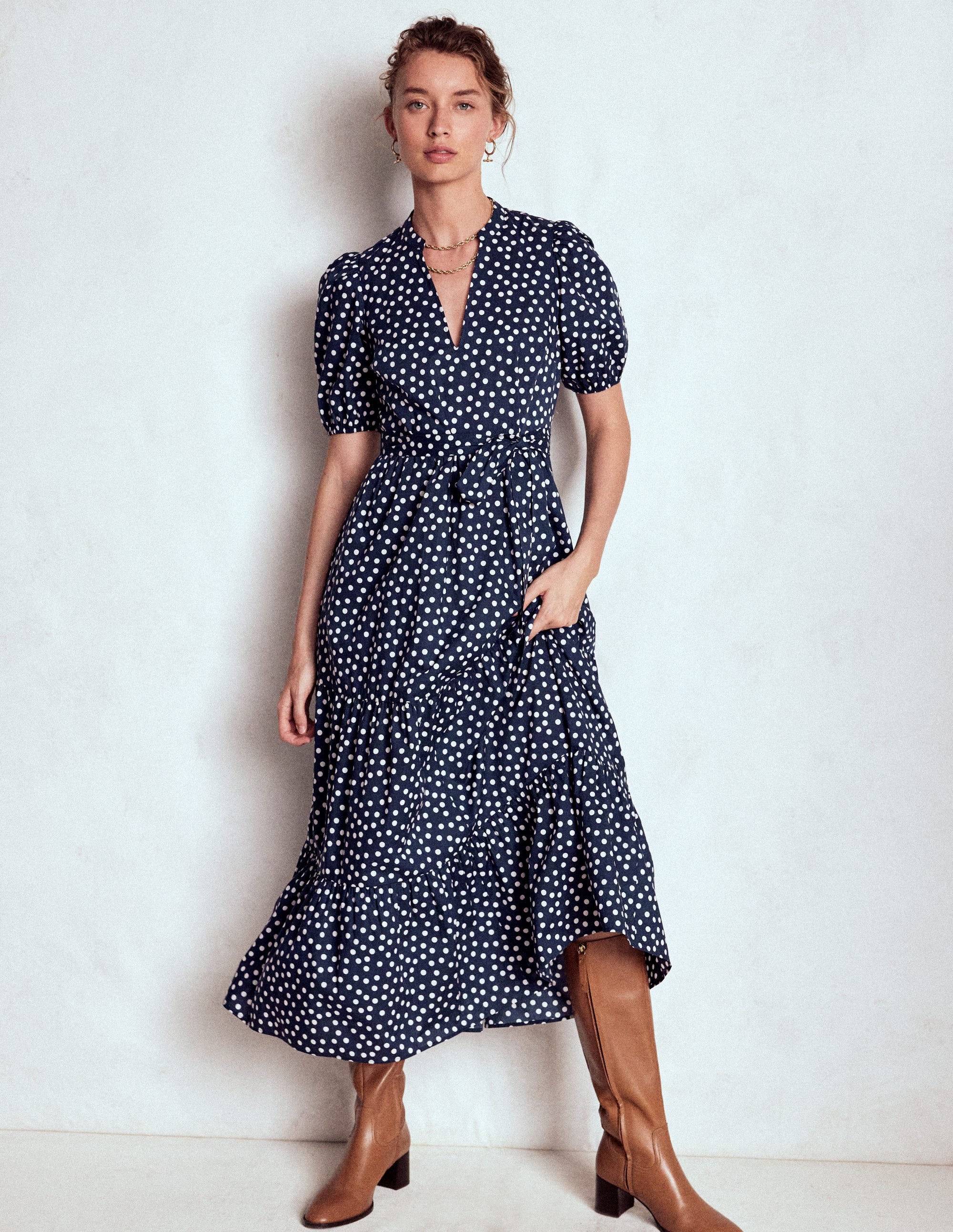 Christabel Cotton Midi Dress-French Navy, Painted Dot - Image 1