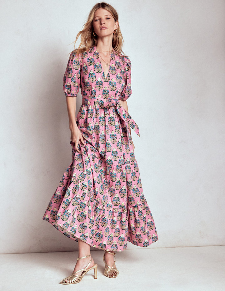 Christabel Cotton Midi Dress-Pink, Wildflower Bouquet