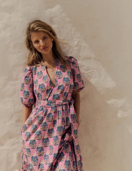 Christabel Cotton Midi Dress-Pink, Wildflower Bouquet