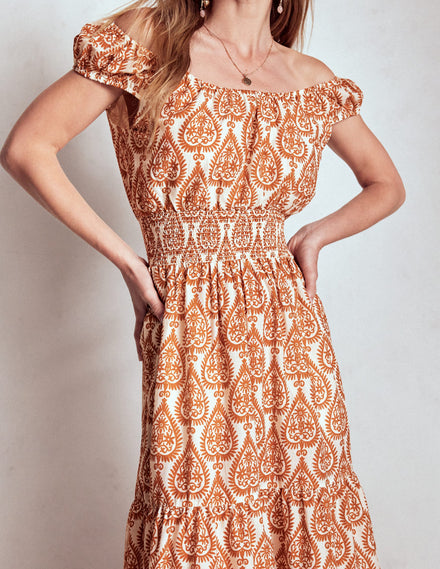 Scoop Cotton Tiered Dress-Cognac, Ornate Geo