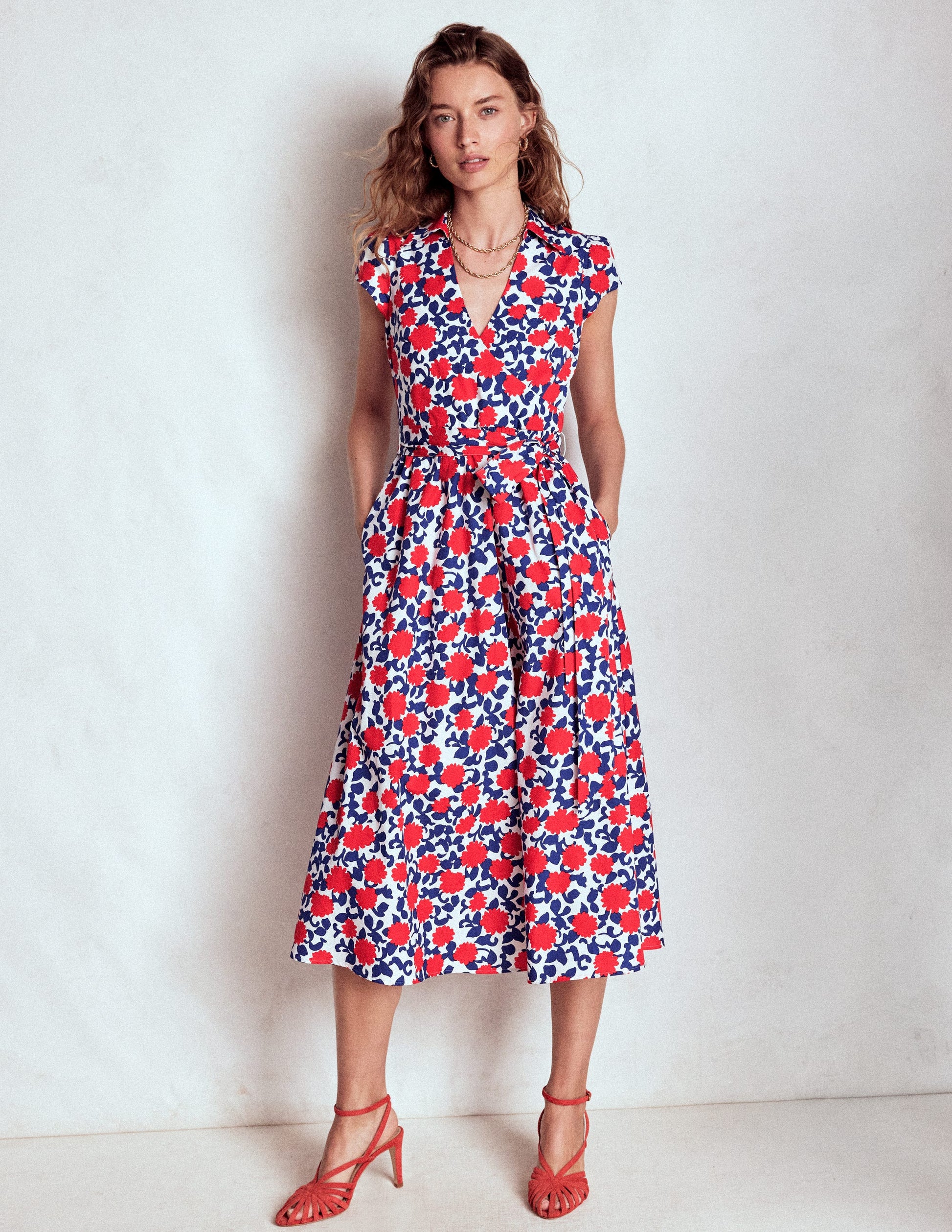 Julia Cotton Wrap Midi Dress-Poppy Red, Floweret Vine-5