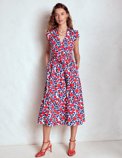 Julia Cotton Wrap Midi Dress-Poppy Red, Floweret Vine-5