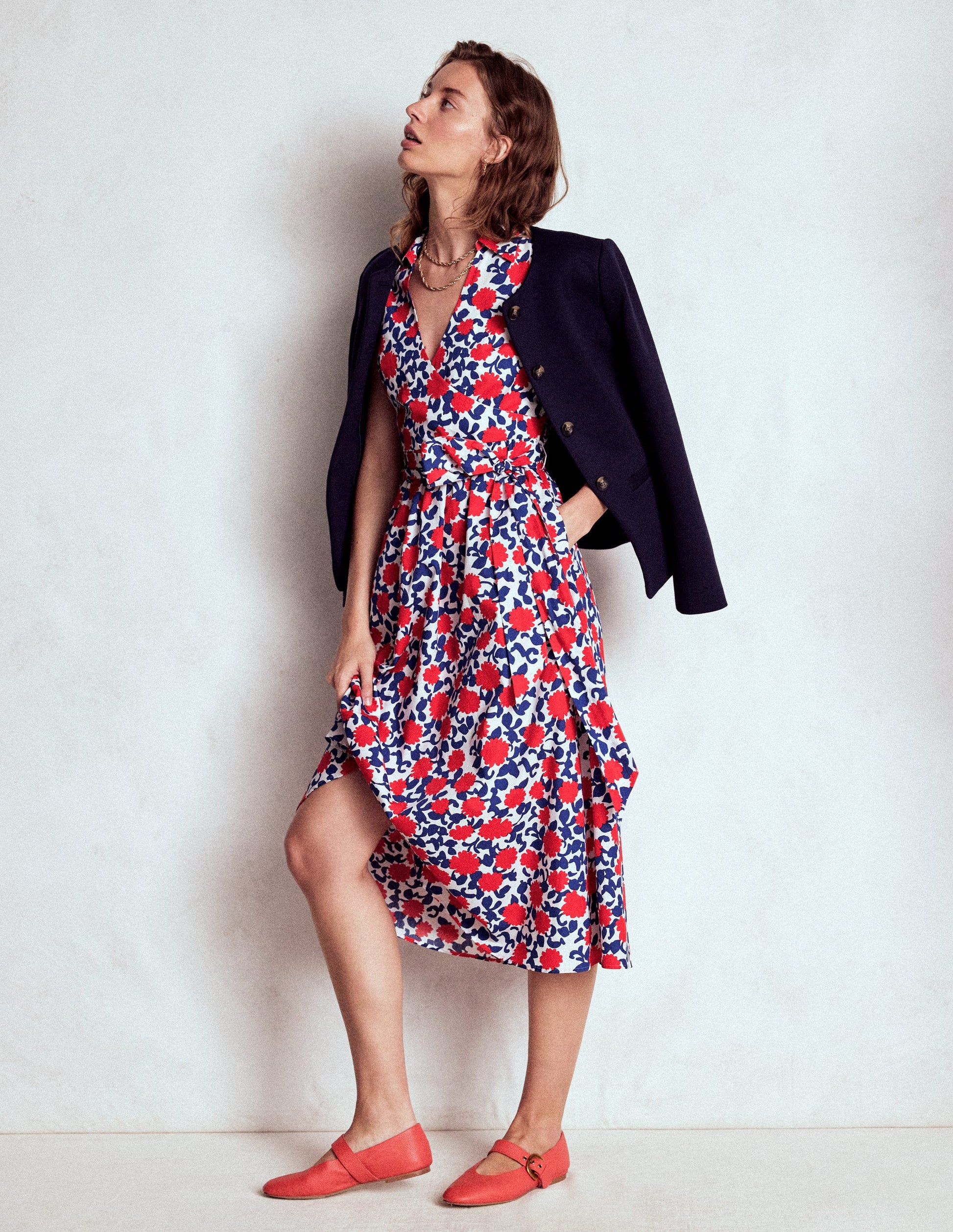 Julia Cotton Wrap Midi Dress-Poppy Red, Floweret Vine-7