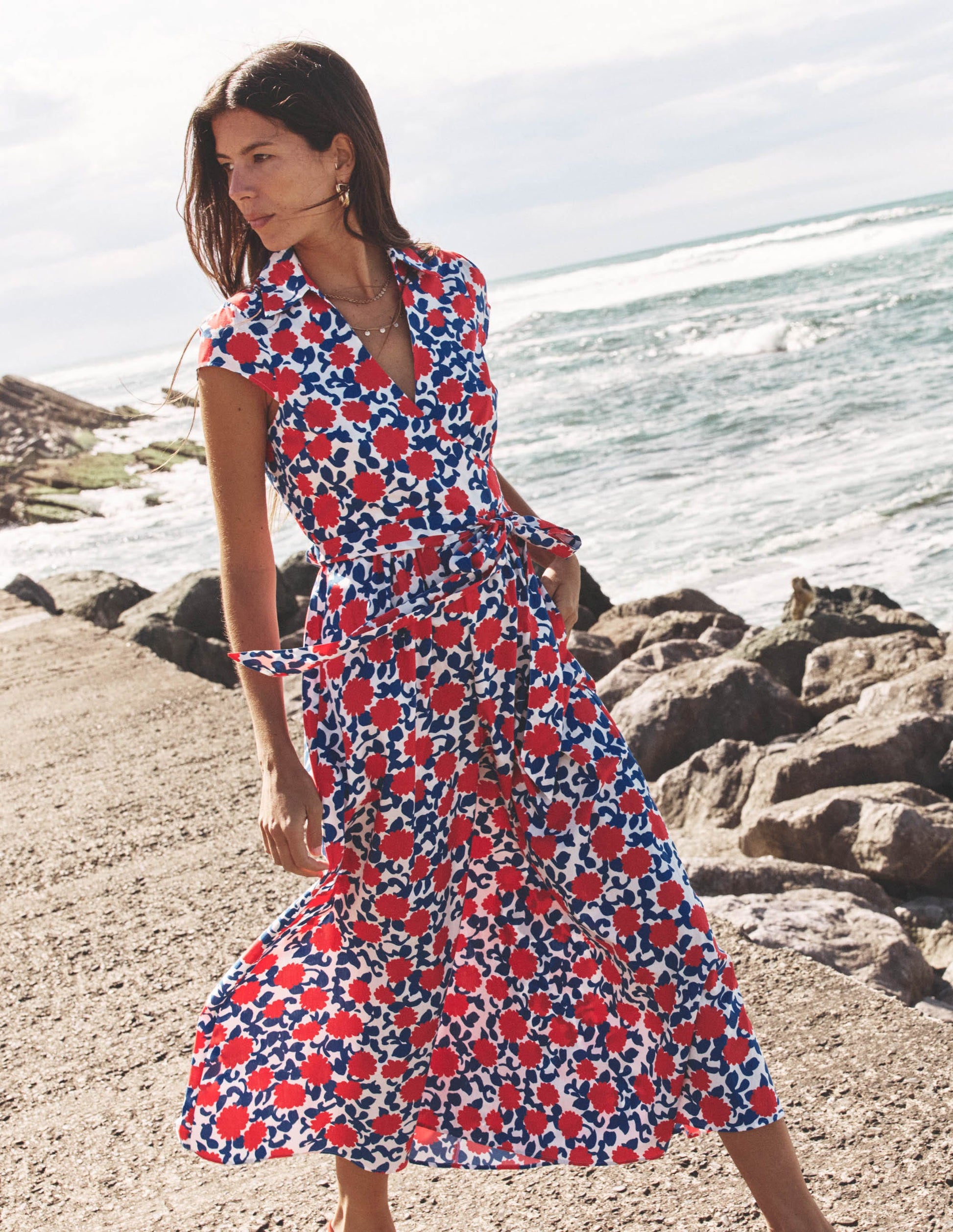 Julia Cotton Wrap Midi Dress-Poppy Red, Floweret Vine-1
