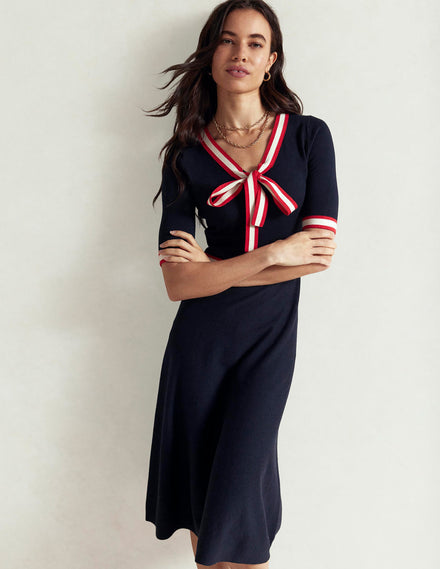 Tipped Bow Dress-Navy