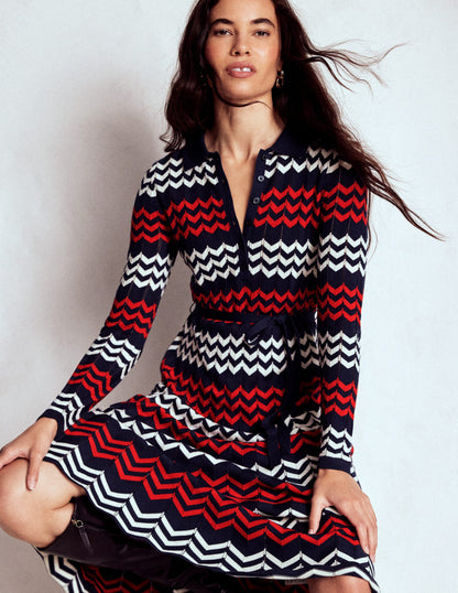Chevron Stitch Midi Dress-Navy, Red and Ivory Chevron-4
