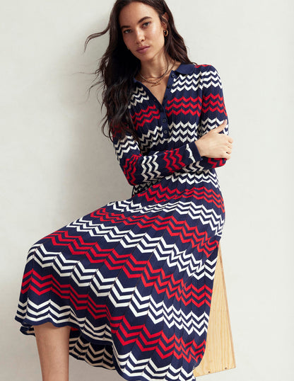 Chevron Stitch Midi Dress-Navy, Red and Ivory Chevron-3