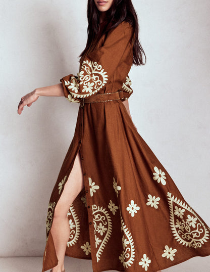 Mae Linen Blend Shirt Dress-Russet-3