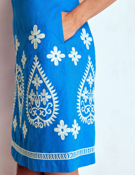 Embroidered Linen Shift Dress-Kingfisher Blue