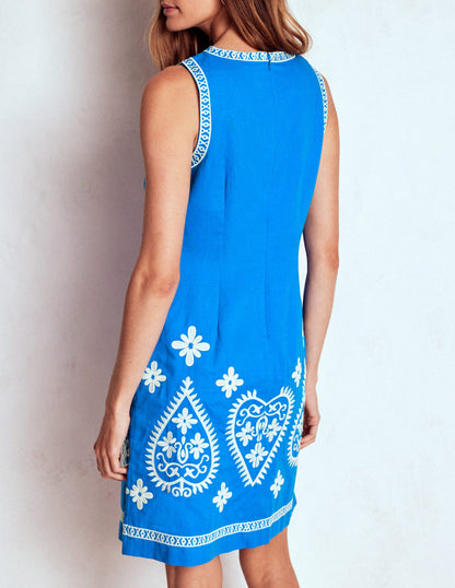 Embroidered Linen Shift Dress-Kingfisher Blue-3