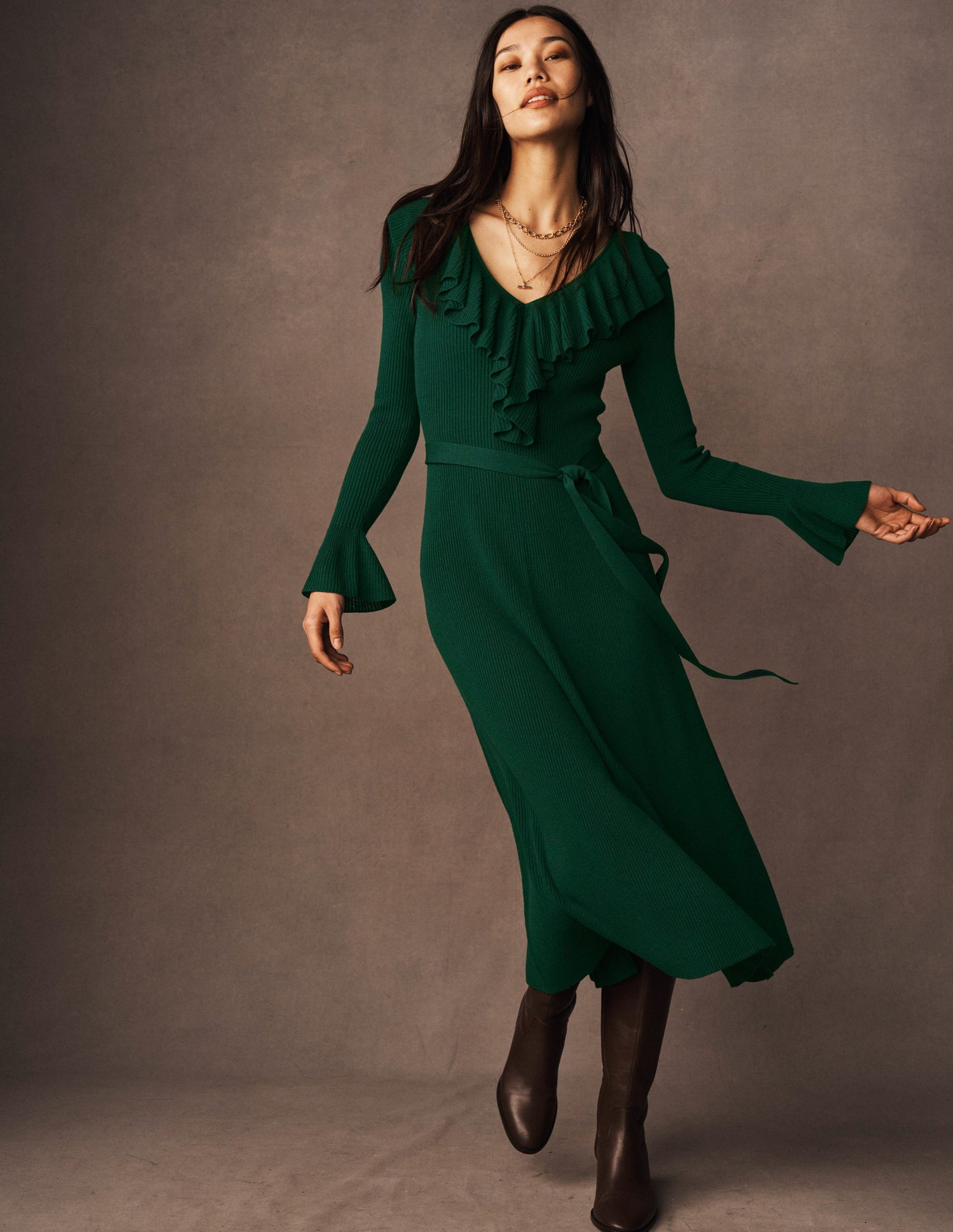 Ruffled Ribbed Dress-Emerald Night | Boden Global Ruffled Ribbed Dress-Emerald Night | Boden Global