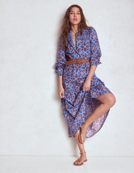 Cecily Cotton Midi Dress-Soft Blue, Bloom Mosaic
