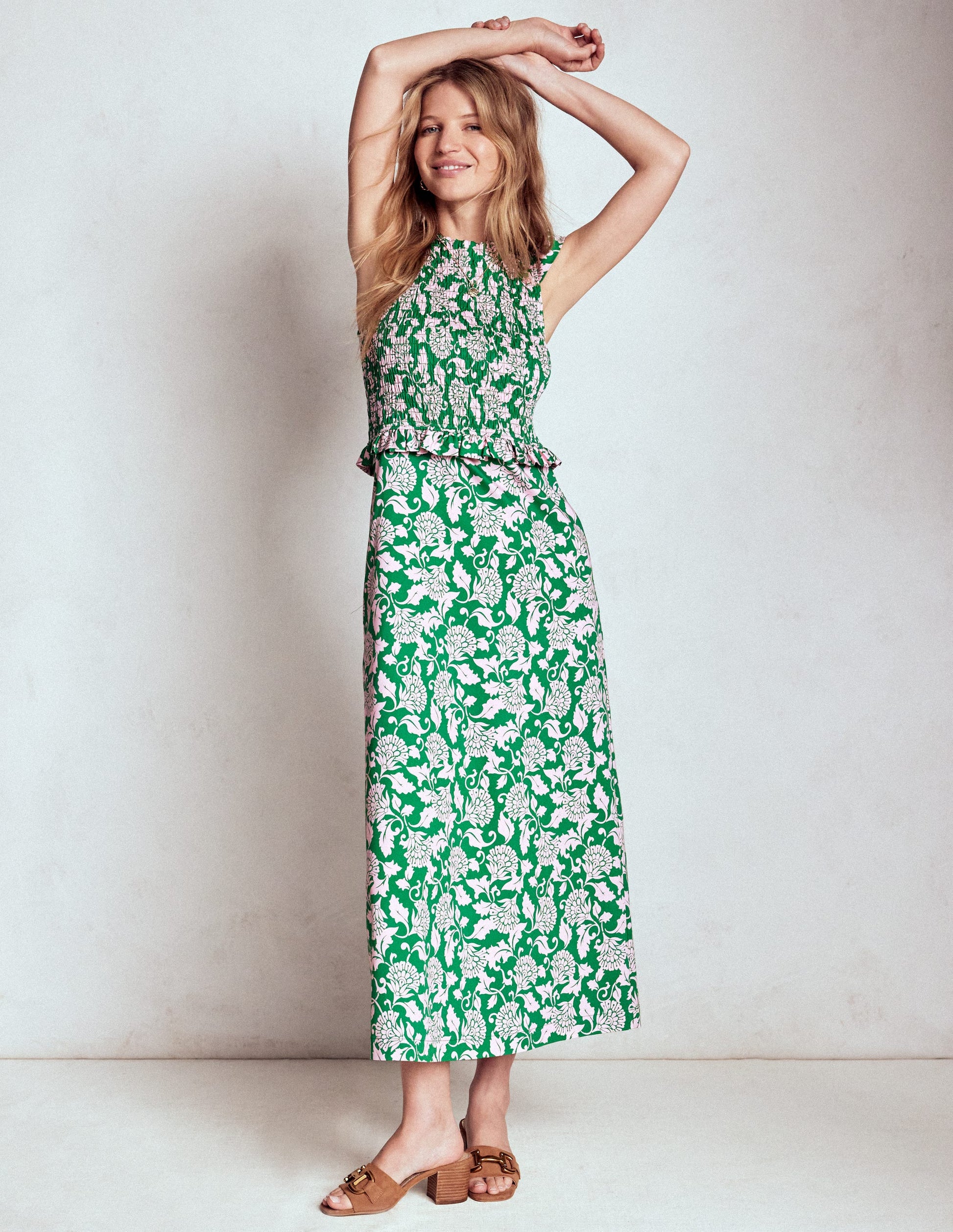 Carolina Smocked Midi Dress-Rich Emerald, Ornate Vine-1