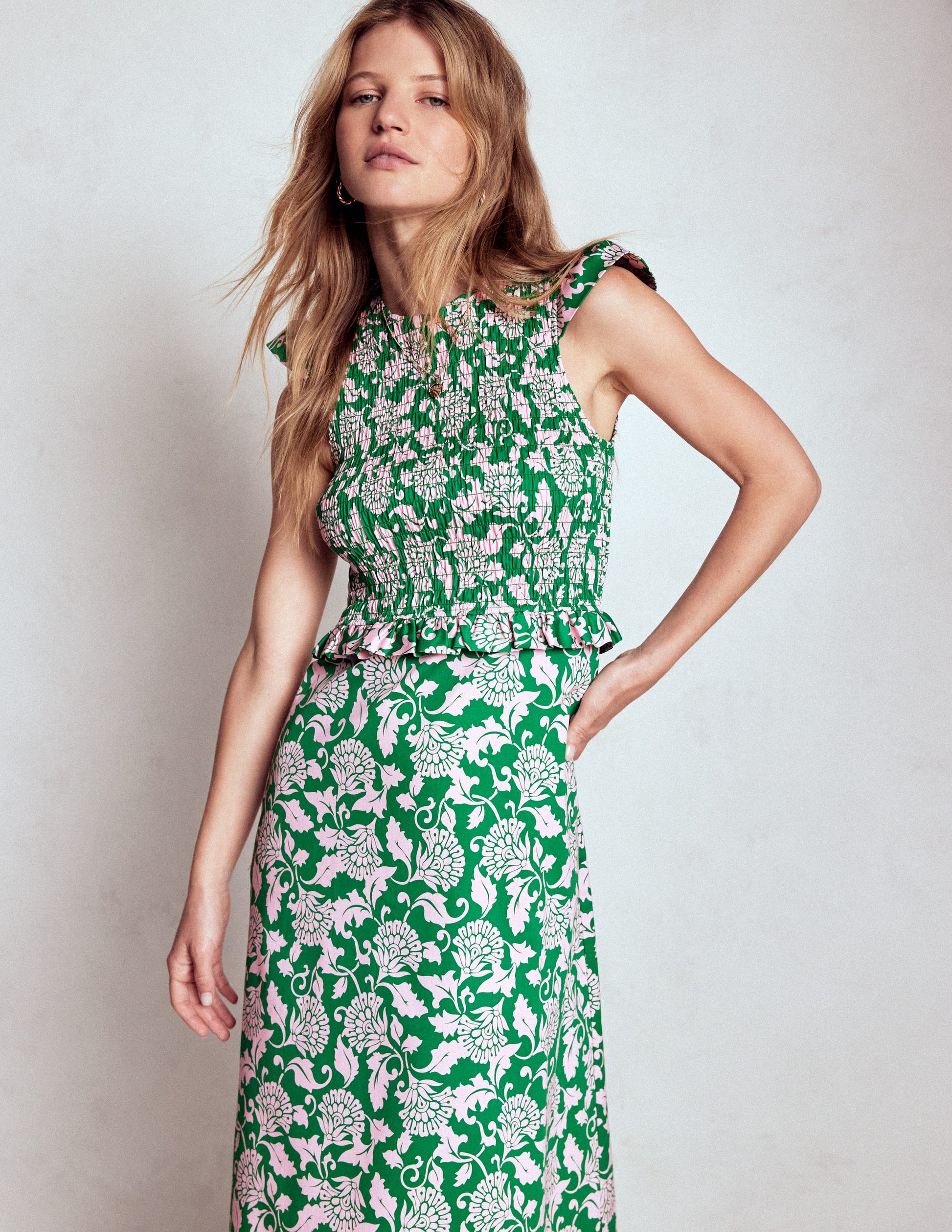 Carolina Smocked Midi Dress-Rich Emerald, Ornate Vine-4
