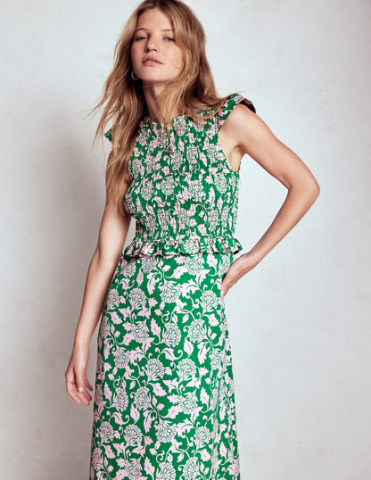 Carolina Smocked Midi Dress-Rich Emerald, Ornate Vine-4