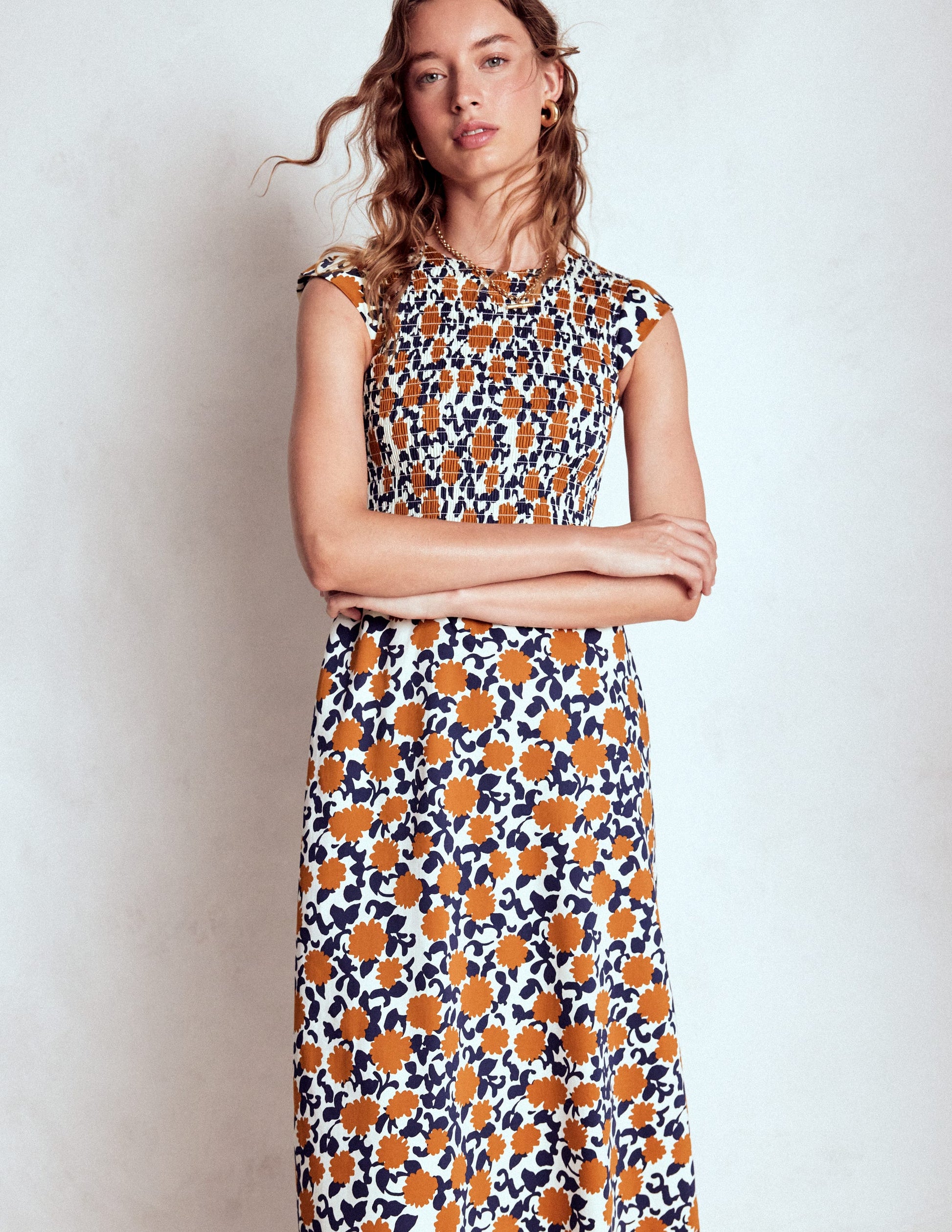 Carolina Smocked Midi Dress-Cognanc, Floweret Vine-2