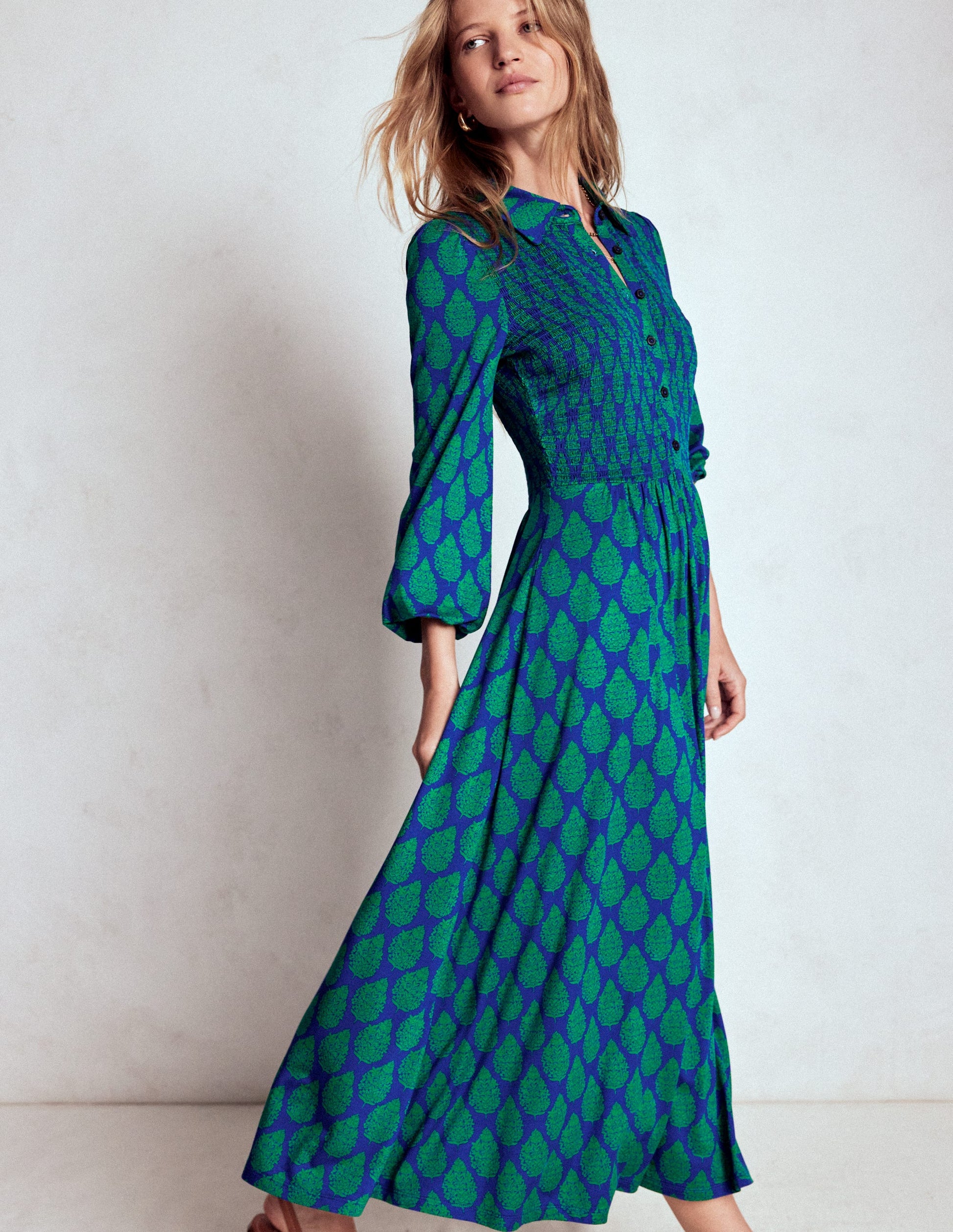 Smocked Jersey Shirt Dress-Blue, Wildflower Bouquet-5