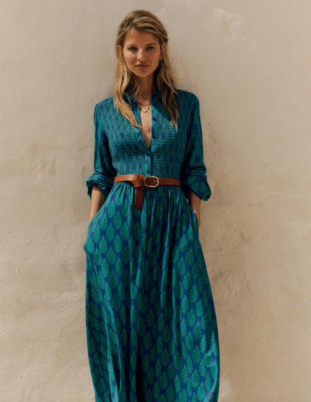 Smocked Jersey Shirt Dress-Blue, Wildflower Bouquet