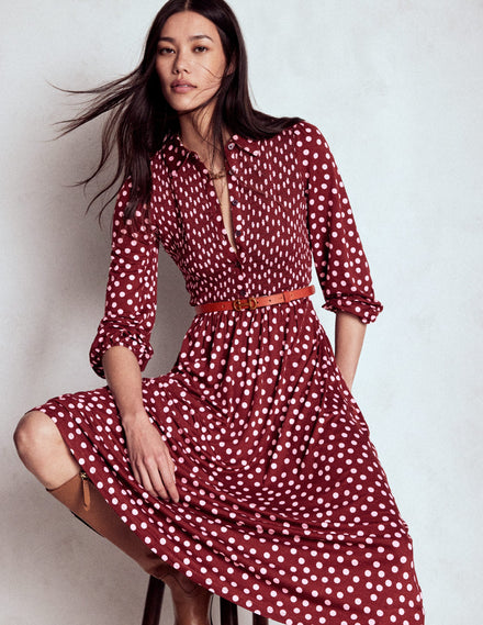 Smocked Jersey Shirt Dress-Chestnut, Painted Dot