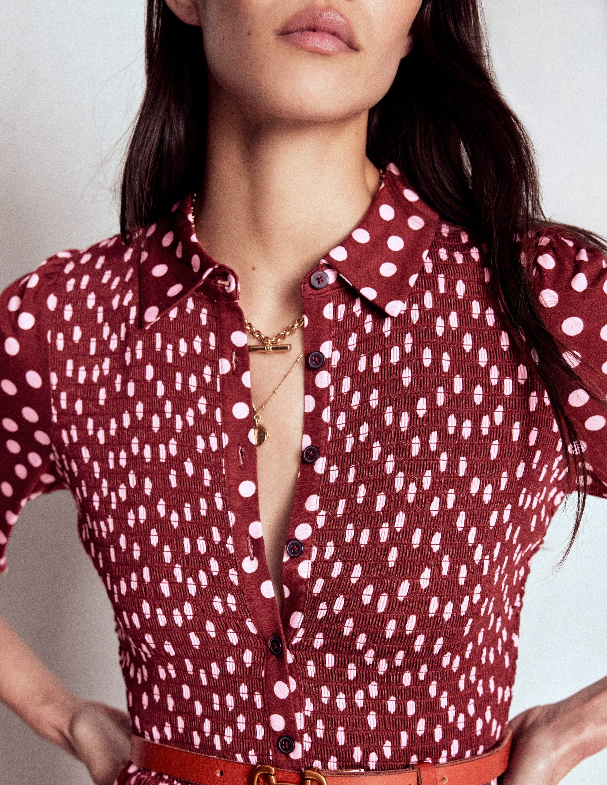 Smocked Jersey Shirt Dress-Chestnut, Painted Dot-2