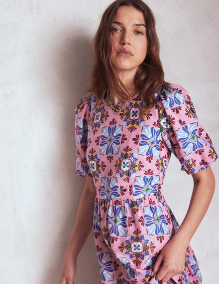 Tiered Poplin Dress-Formica Pink, Bloom Mosaic