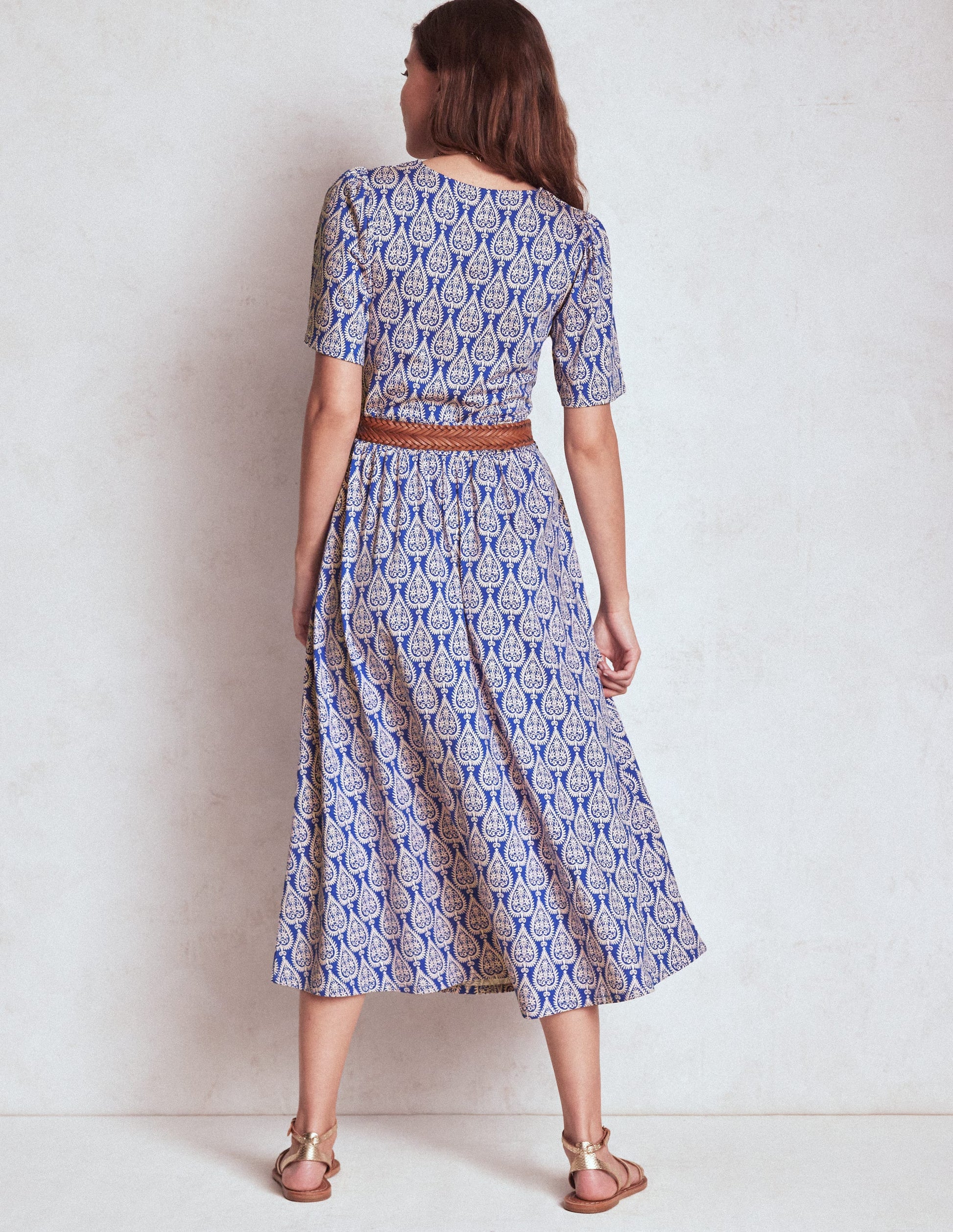 Louisa Jersey Midi Dress-Bright Blue, Ornate Geo-3