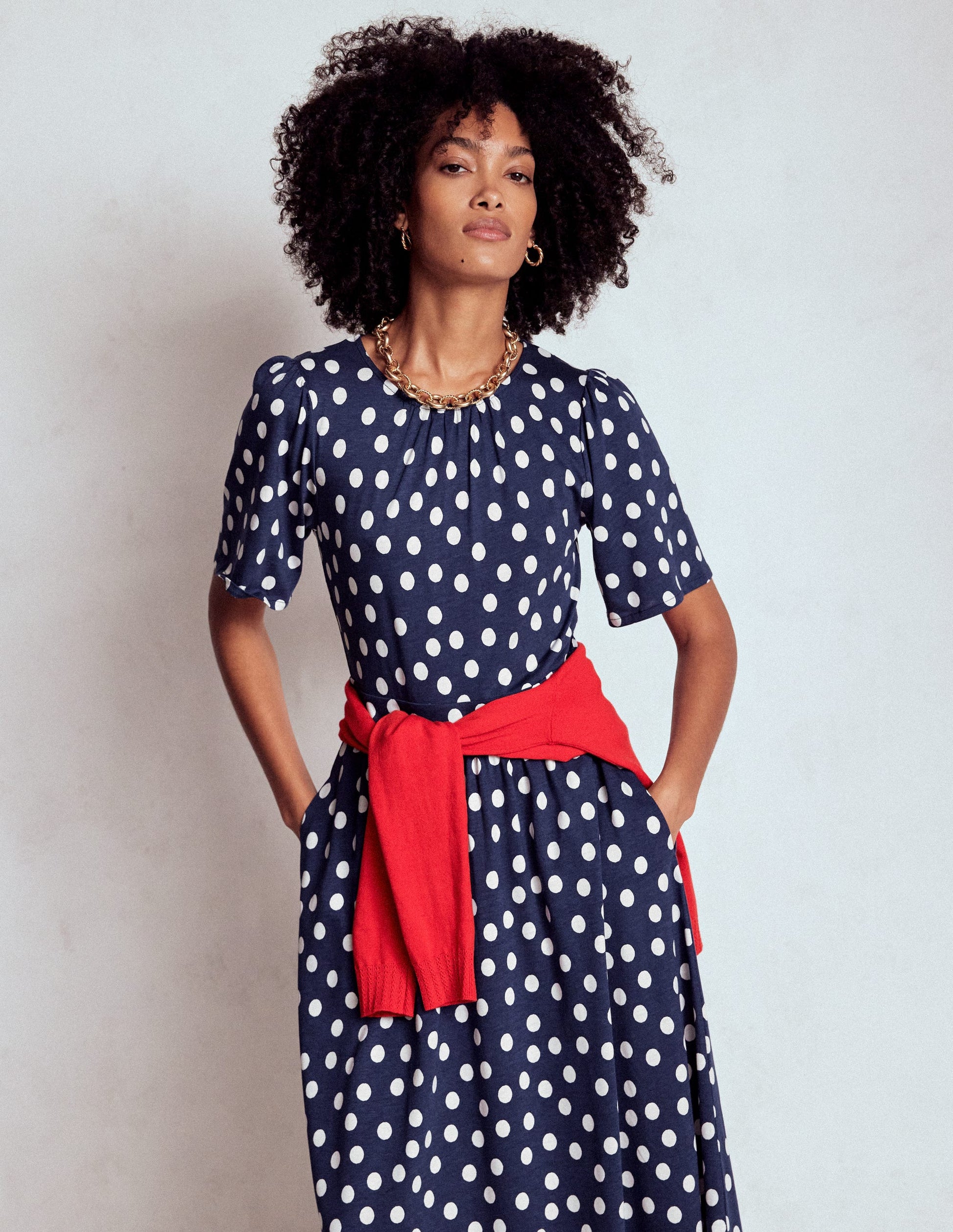 Louisa Jersey Midi Dress-French Navy, Painted Dot-1