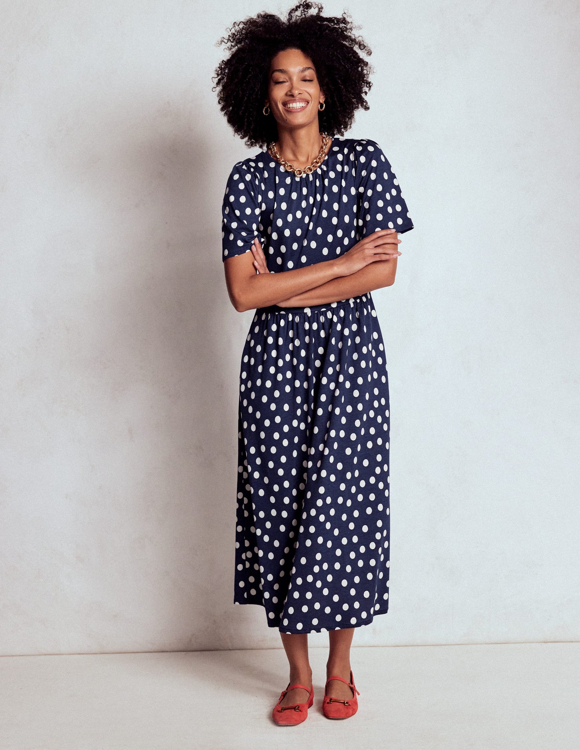 Louisa Jersey Midi Dress-French Navy, Painted Dot-4