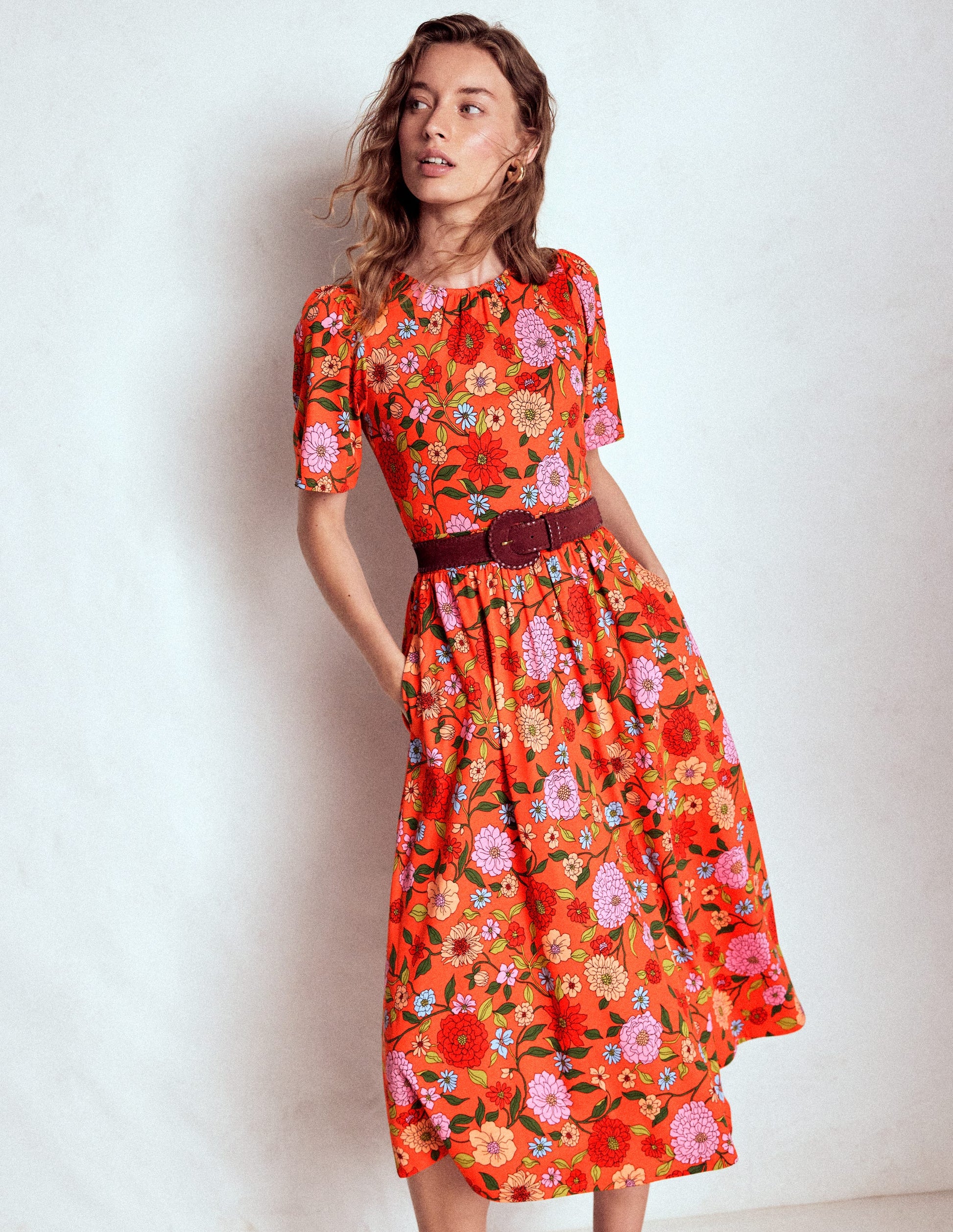 Louisa Jersey Midi Dress-Firecracker Red, Dahlia Trail-3