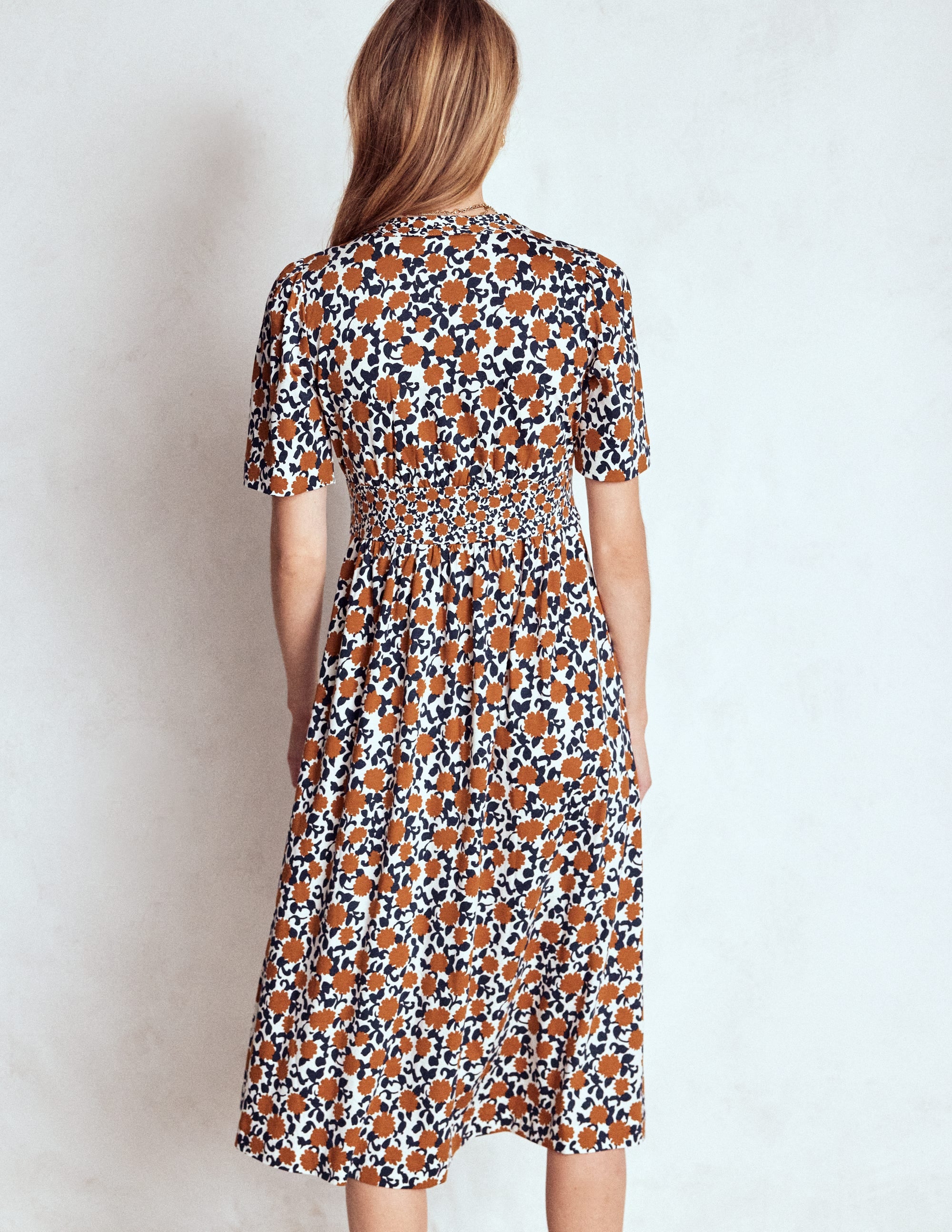Natalia Jersey Tea Dress-Cognac, Floweret Vine - Image 4