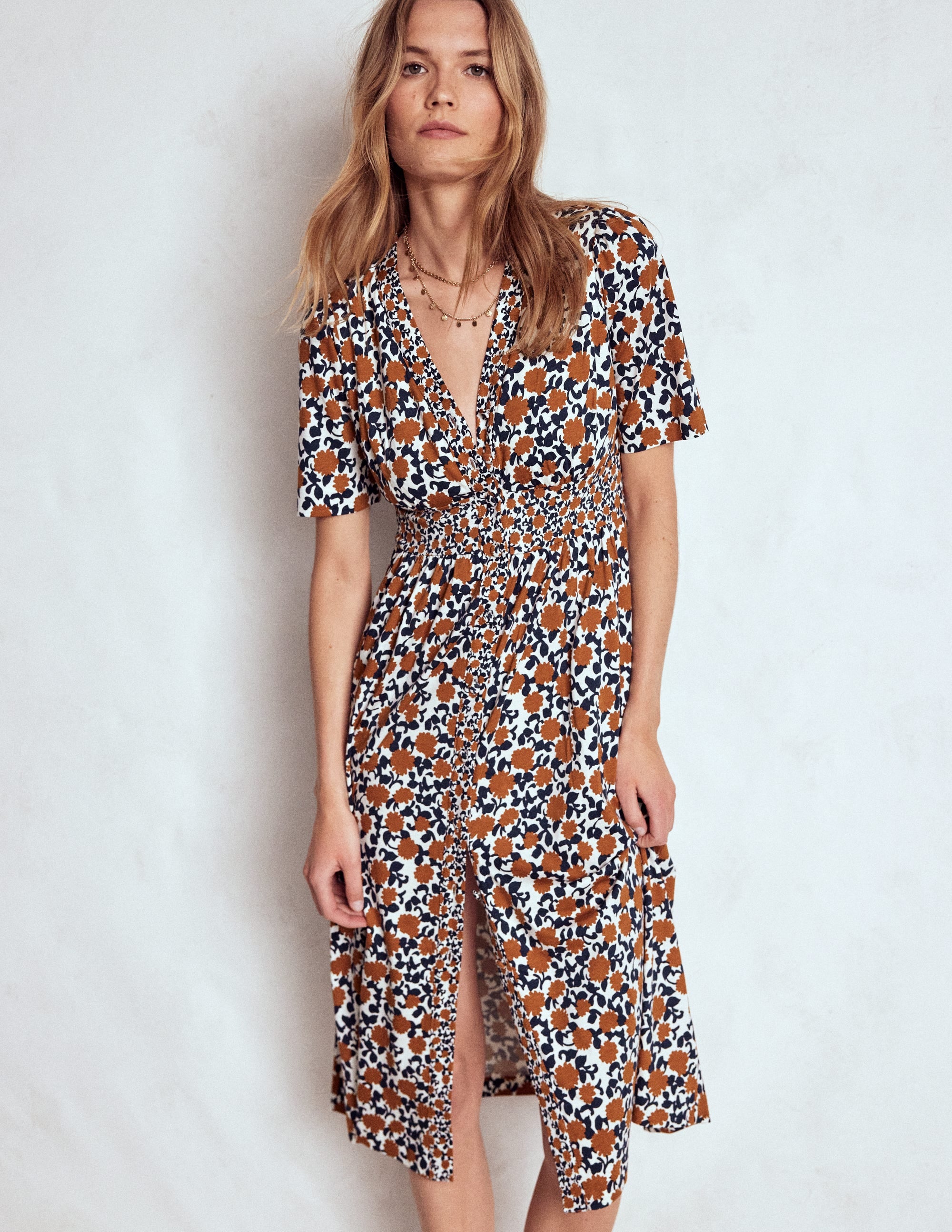 Natalia Jersey Tea Dress-Cognac, Floweret Vine - Image 1