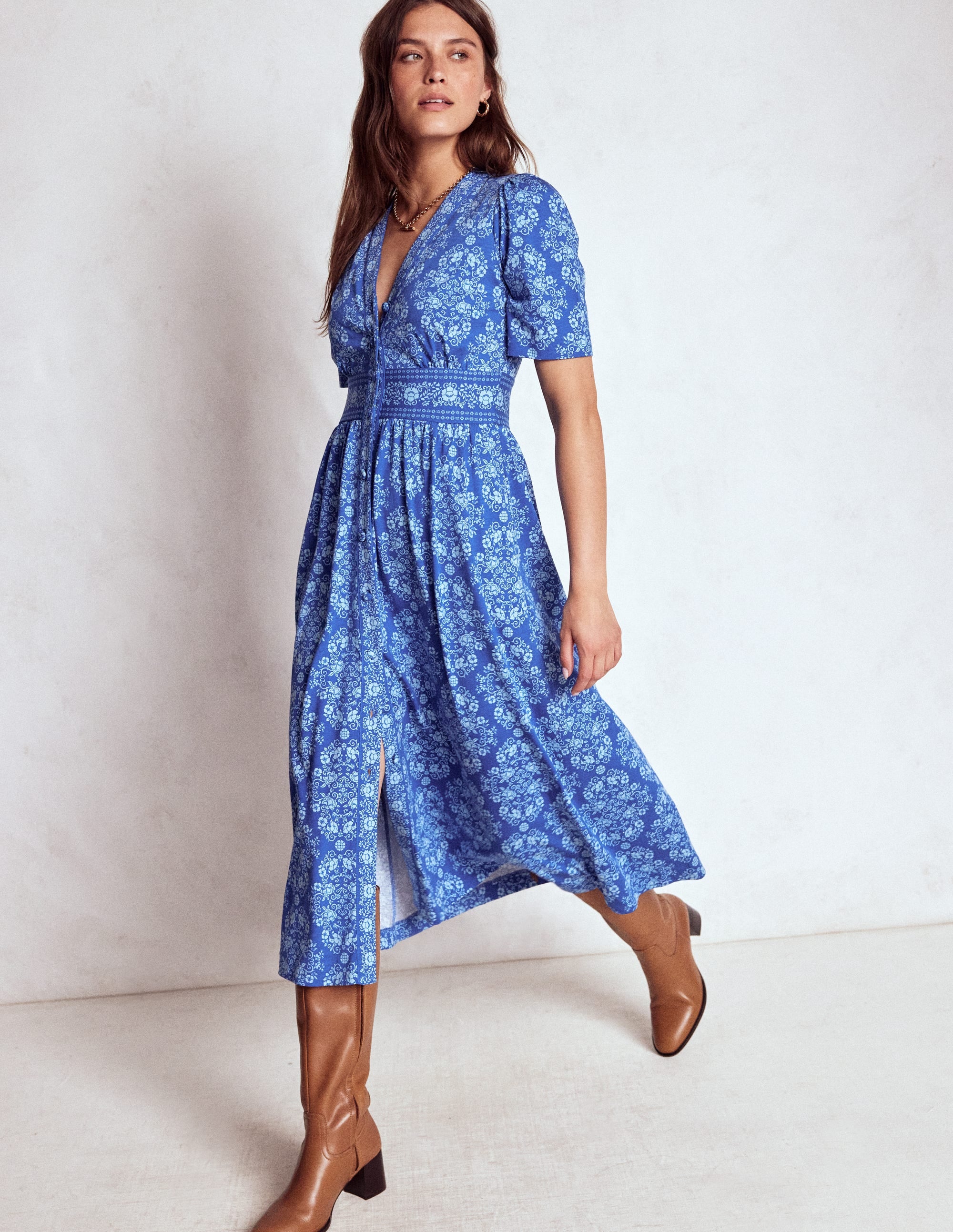 Natalia Jersey Tea Dress-Bright Blue, Ornamental - Image 1